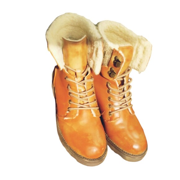 Rouge Helium Boots Women's 8 Chunky Fleece Lined Tie  Up Over Ankle Brown - Picture 1 of 11